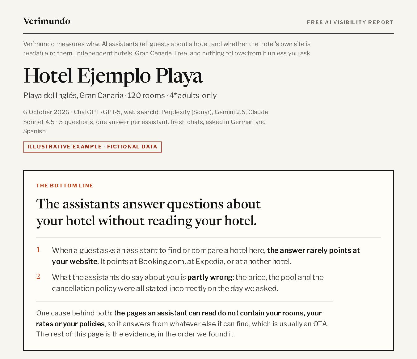First page of a sample Verimundo free report, fictional hotel, with the summary